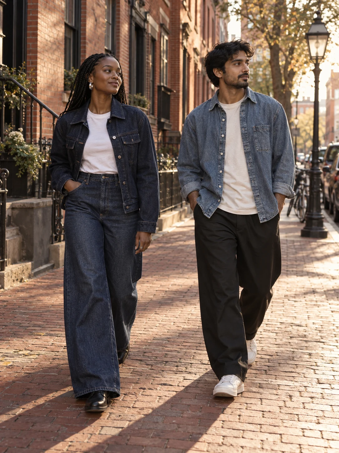 Two friends in relaxed denim walking along a brick-lined street